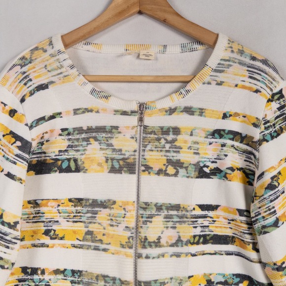 Moth Anthropologie Cardigan Sweater Womens Sz Large Multicolor Floral Stripe Zip - Picture 2 of 11